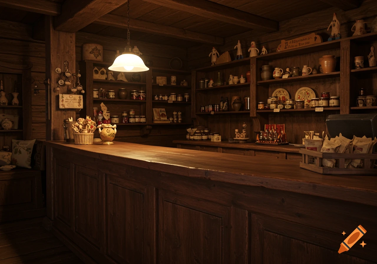 A dimly lit, rustic wooden shop interior with shelves full of items behind a long counter, from a low angle.