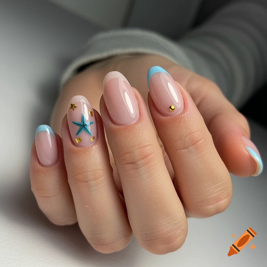 Close-up of a hand with almond-shaped nails featuring light blue French tips, a blue starfish, and gold star designs.