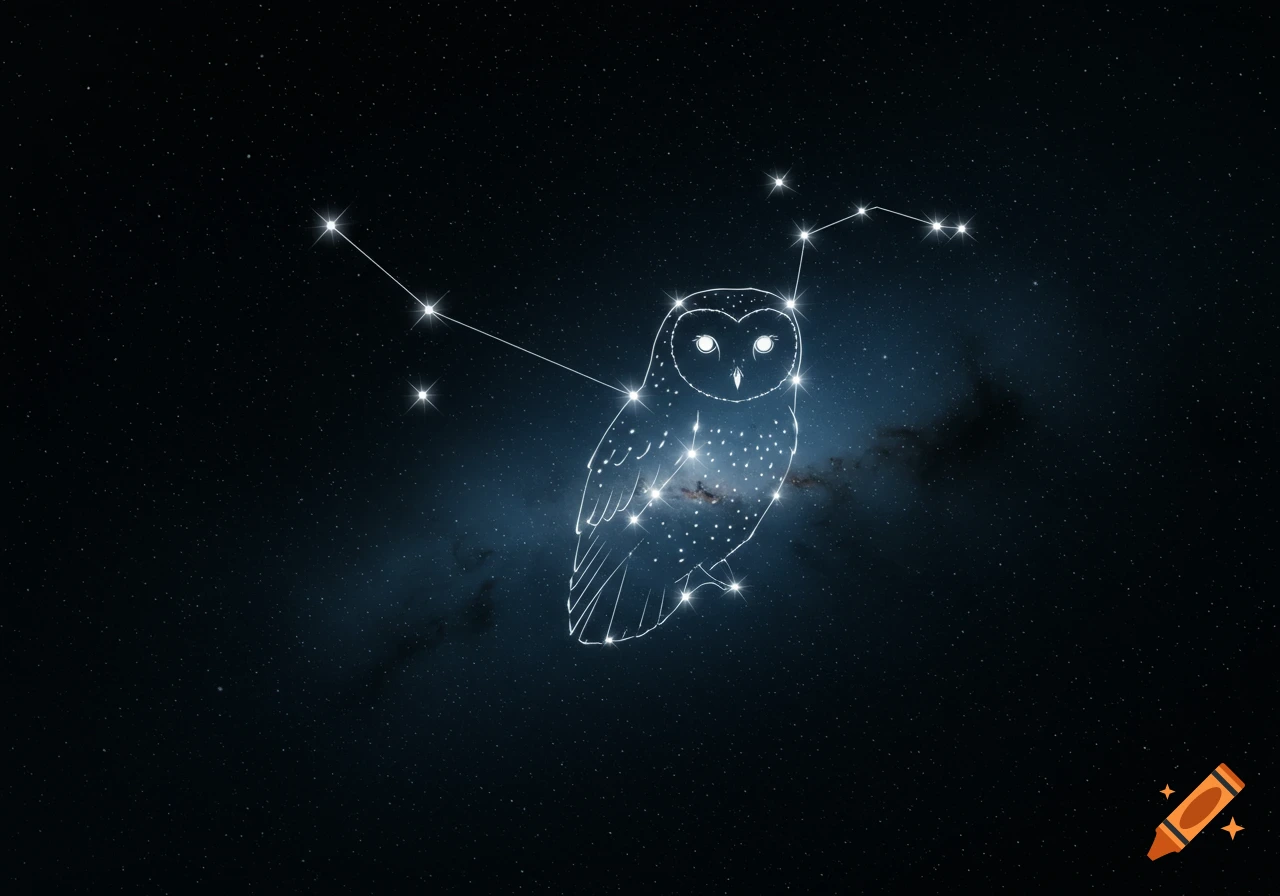 A white outline of an owl constellation, formed by bright stars, against a dark blue and black starry night sky with a subtle nebula.