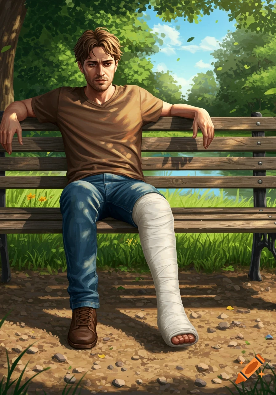 Illustrated man with a plastered leg sits on a wooden park bench on a sunny day.