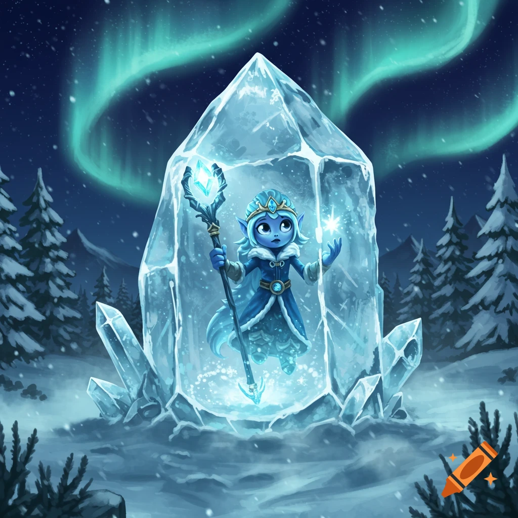 A small blue elf-like character with a staff is encased in a large ice crystal in a snowy forest under the aurora borealis.