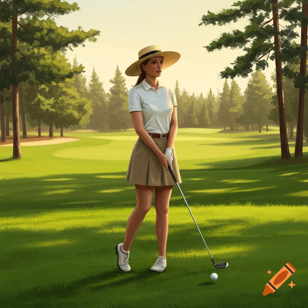A female golfer in a straw hat and skirt stands on a sunny golf course, holding a club near a golf ball.