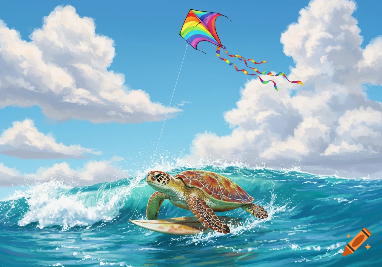 An illustrative sea turtle surfs a wave while flying a rainbow kite under a blue sky with white clouds.