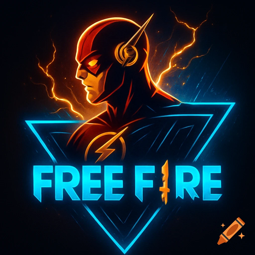 Neon blue and orange logo featuring a profile of The Flash above glowing 'FREE FIRE' text with a stylized knife, framed by a blue triangle.