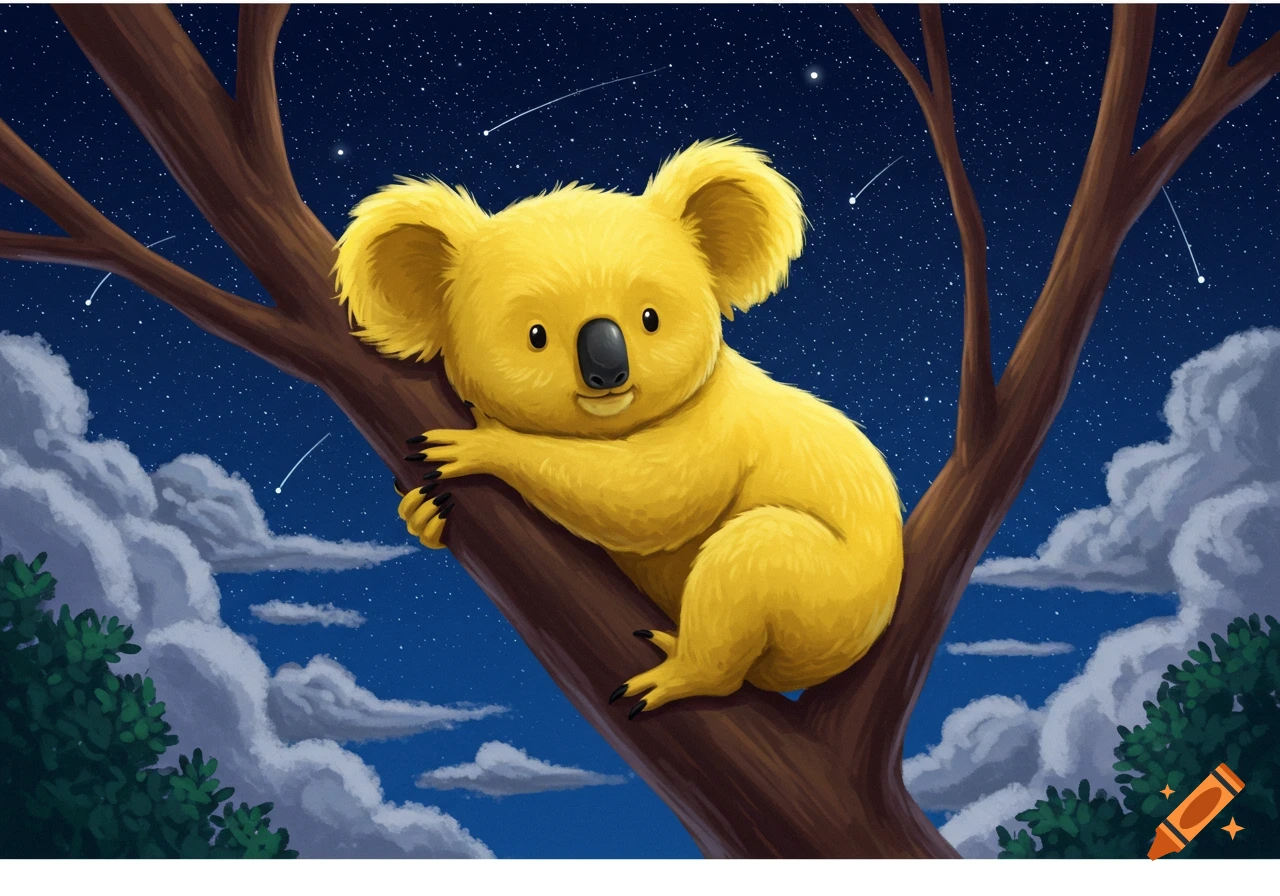 An illustrated yellow koala rests on a tree branch under a clear starry night sky with some clouds.