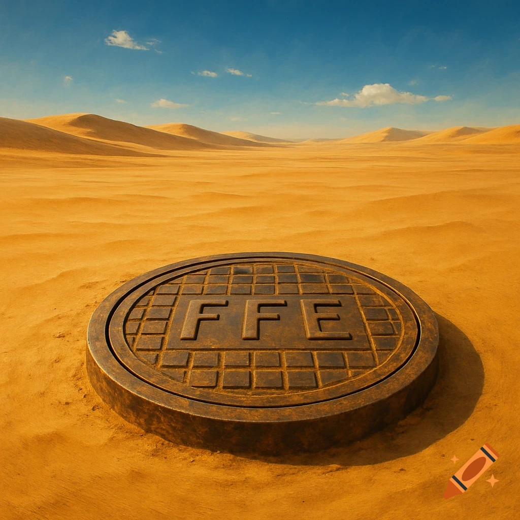 A close-up of a rusted manhole cover with 'FFE' on it, set in the middle of a vast desert under a clear blue sky.
