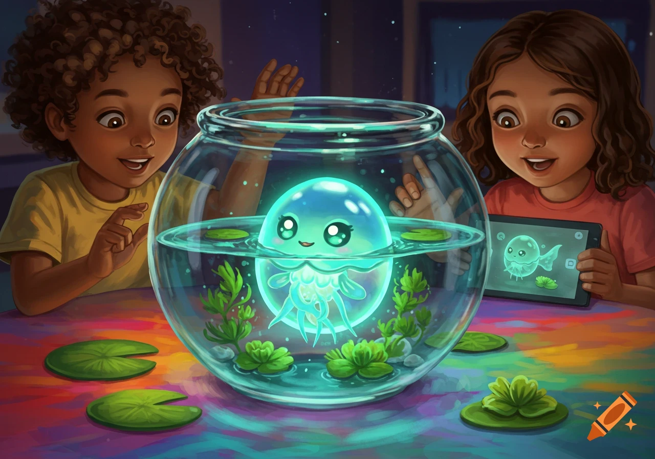 Two children marvel at a glowing blue jellyfish-like pet in a fishbowl, one holding a tablet showing the creature.