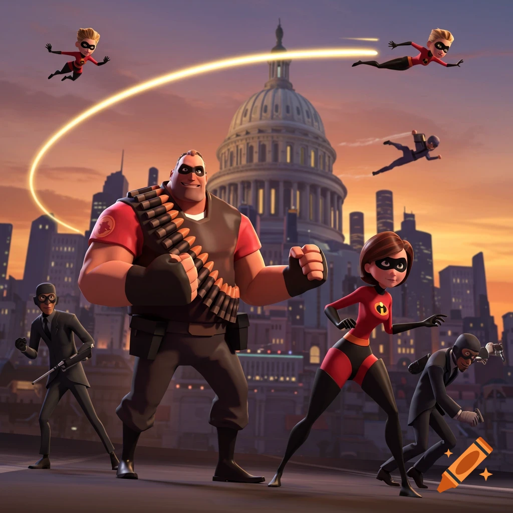 Team Fortress 2 Heavy and Incredibles characters (Elastigirl, Dash, Violet) posing on a city rooftop at sunset.