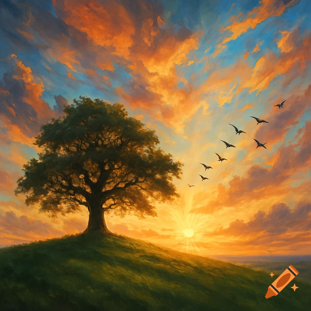 A vibrant painting of a large tree on a green hill at sunset, with birds flying across an orange and blue sky.