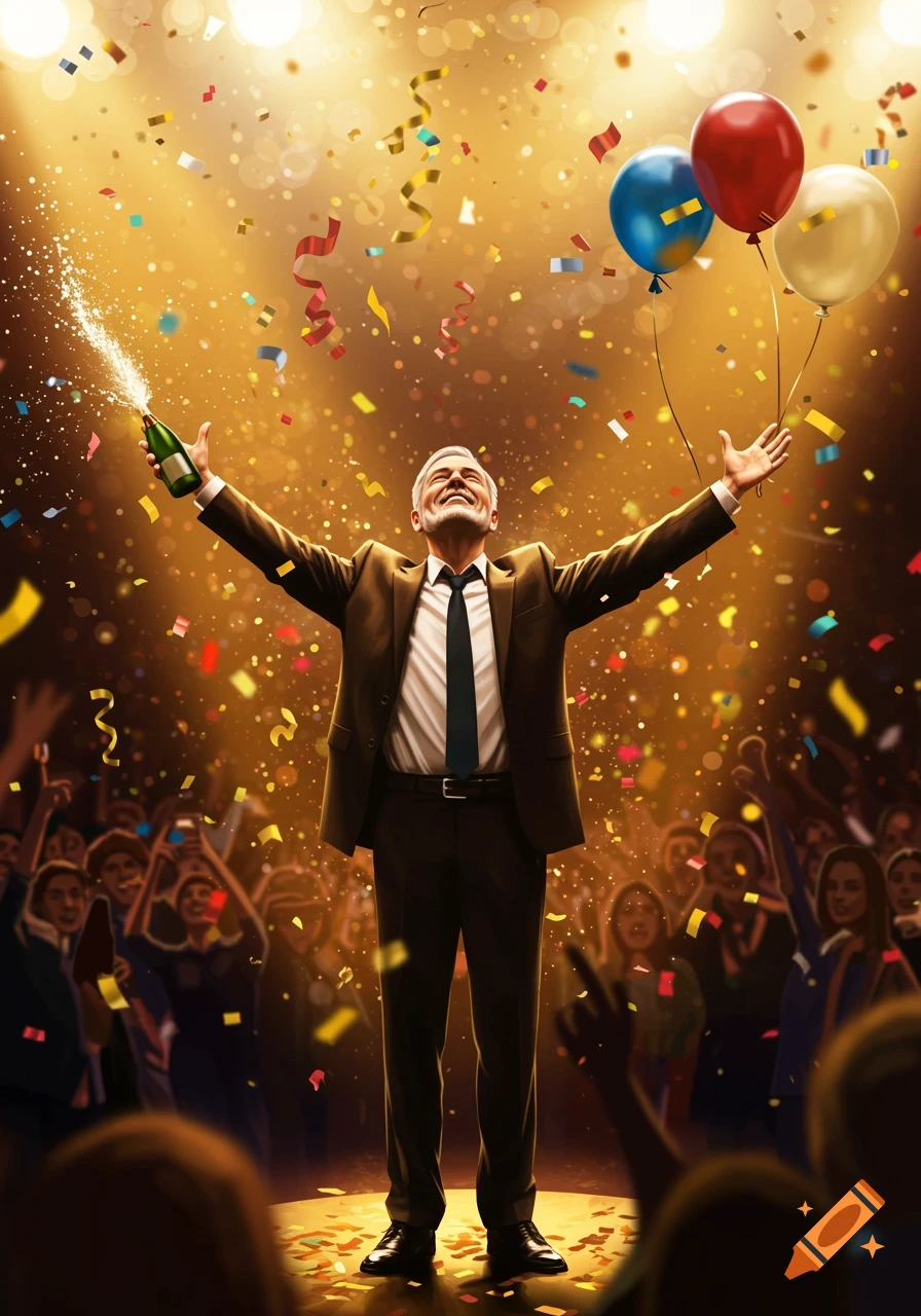 A man in a suit celebrates on a stage, arms wide, holding a spraying champagne bottle as confetti falls around him, with a cheering crowd.