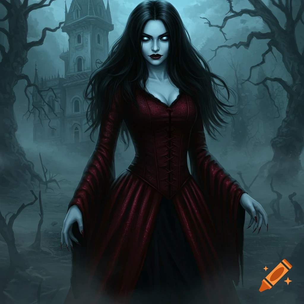A pale woman with long black hair, glowing white eyes, and red lips, wearing a long red dress, stands in a misty, dark forest with a gothic castle in the background.