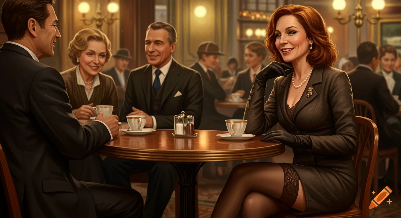 An elegant group of four, two men and two women, socialise at a cafe table with coffee in a realistic style.