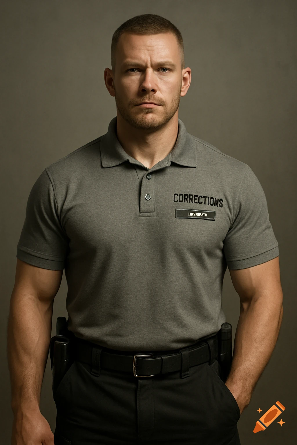Photorealistic portrait of a stern-looking white male corrections officer in a gray polo shirt and black tactical pants.