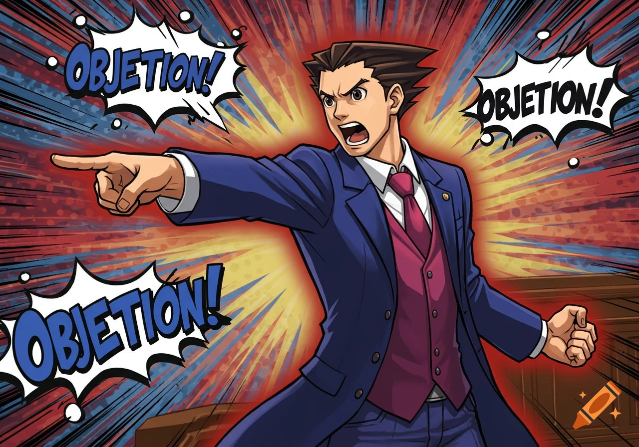 Phoenix Wright shouts 'OBJECTION!' and points, in an anime style.