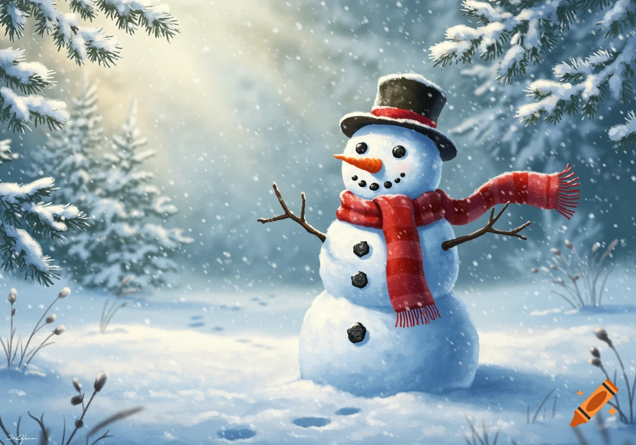 An illustration of a friendly snowman wearing a top hat and red scarf in a snowy forest during a snowfall.