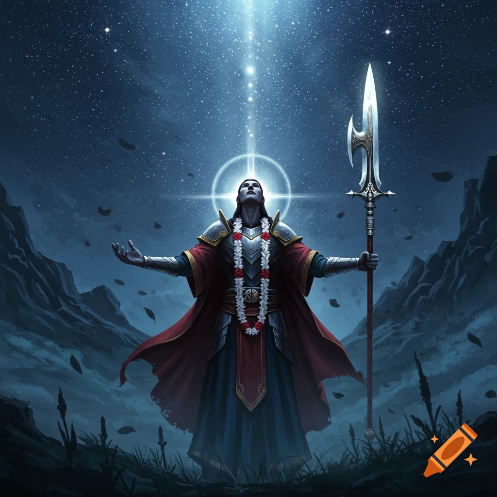 A robed warrior-like figure in armor with white and red flower garlands looks up at a bright celestial light in a starry night sky, holding a spear.