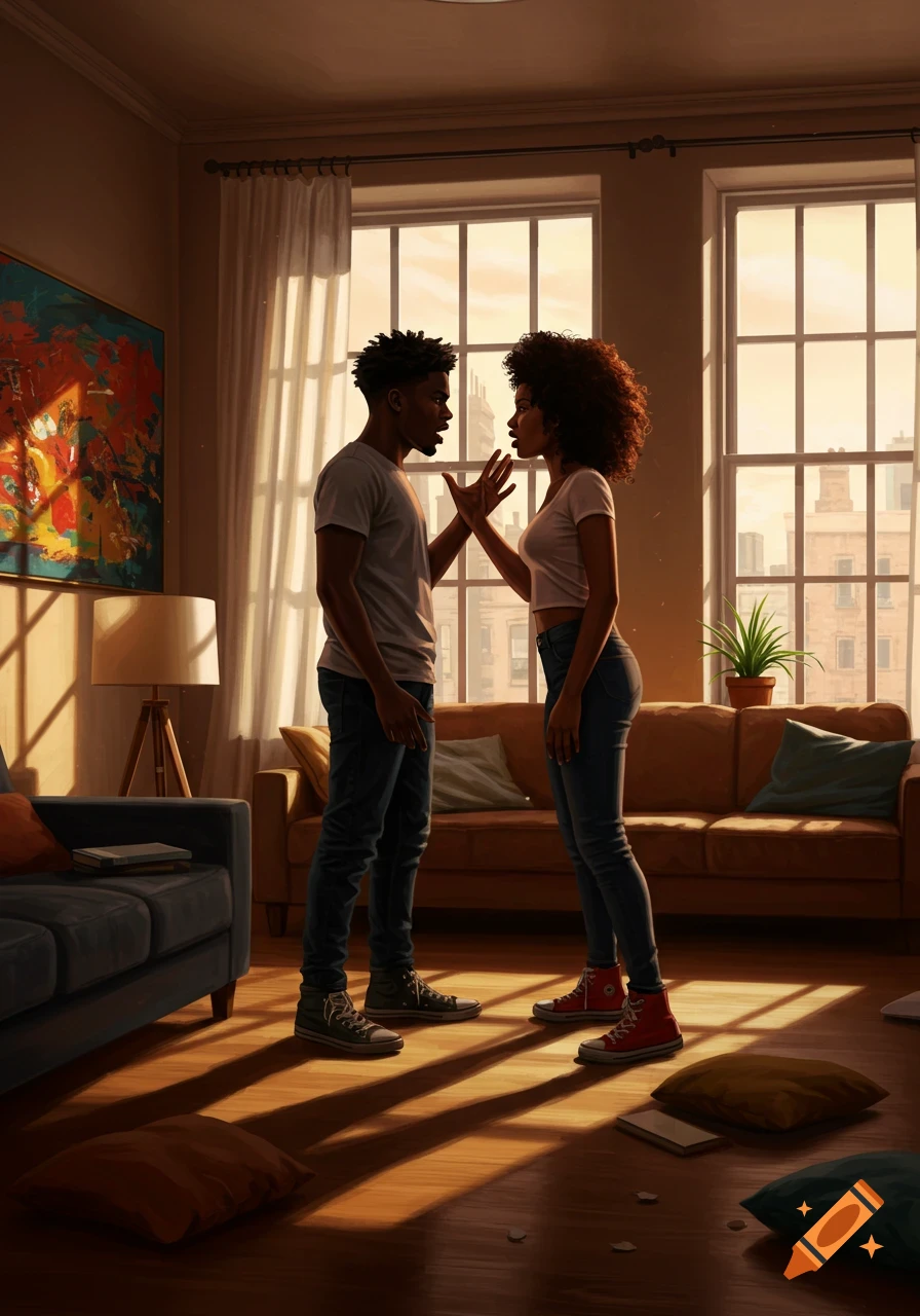 A young Black couple standing face-to-face, engaged in an intense argument in a sunlit living room.