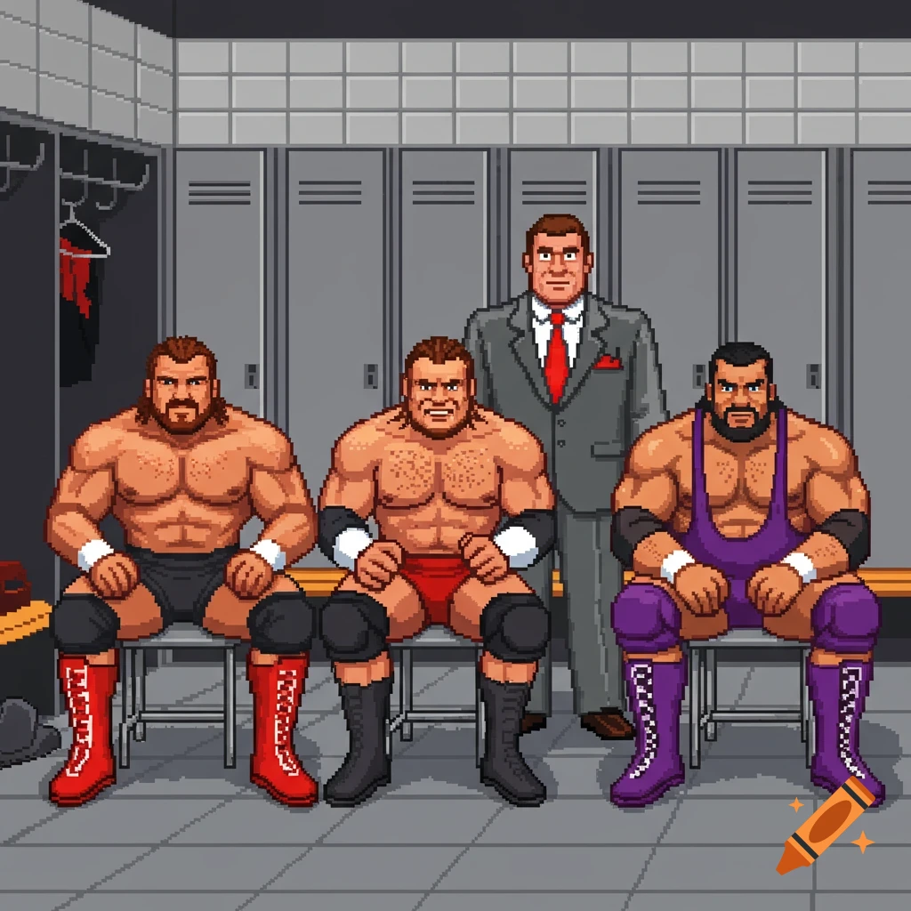Pixel art of three wrestlers sitting on a bench in a locker room with their manager standing behind them, in the style of an NES game.