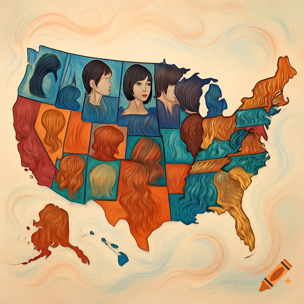 An illustrated, painterly map of the US with each state region filled with various hairstyles and some stylized faces.