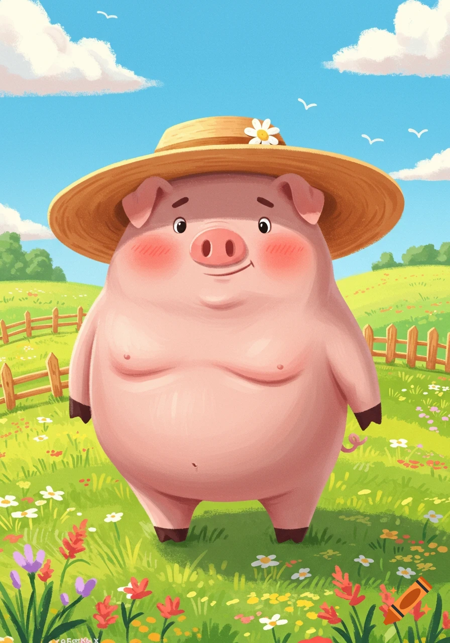A cute cartoon pig wearing a straw hat stands in a vibrant green field with flowers under a blue sky.