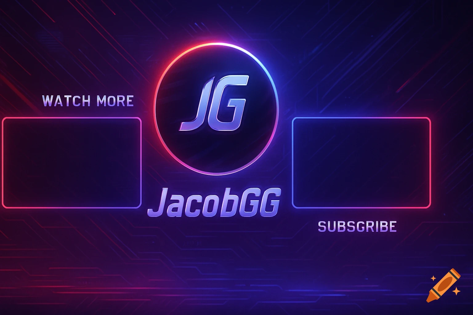 Futuristic YouTube end screen with 'JG' and 'JacobGG', 'WATCH MORE' and 'SUBSCRIBE' text, and two video boxes on a neon background.