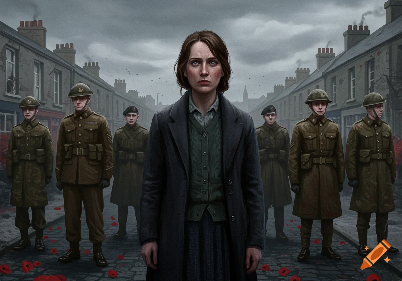 A stern-faced woman stands on a cobbled street, surrounded by soldiers in military uniforms, with old buildings under a cloudy sky and red poppies on the ground. Digital painting.