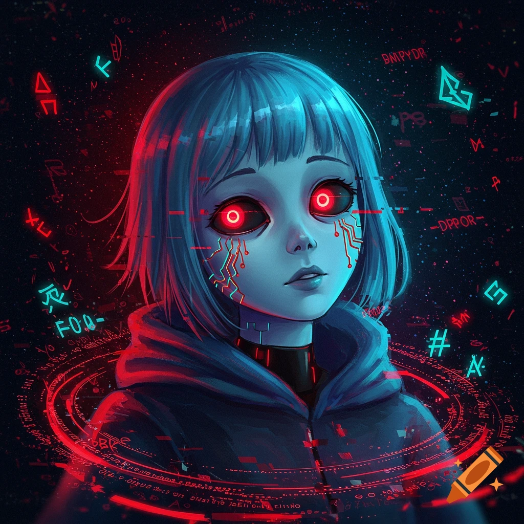 An anime-style girl with blue hair and glowing red eyes, with circuit patterns on her face, in a dark background with red and cyan neon glowing symbols and rings, evoking a fatal error or glitch aesthetic.