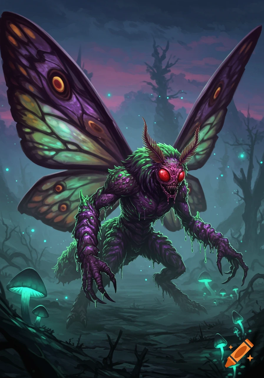 A terrifying purple and green moth-like monster with glowing red eyes and sharp claws stands in a dark, swampy forest with glowing mushrooms.
