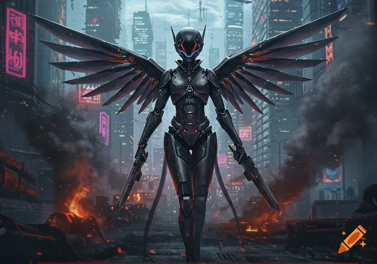 A black armored cyborg with large mechanical wings and guns stands in a futuristic city street with fires and smoke, in a cyberpunk style.