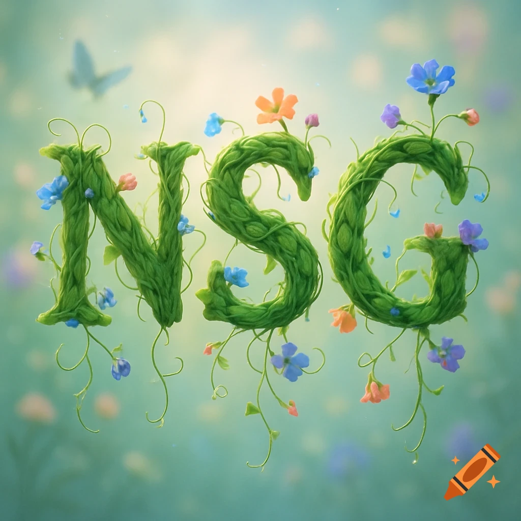 The letters NSG formed by green vines and colorful flowers, against a blurry, light green background with a butterfly.