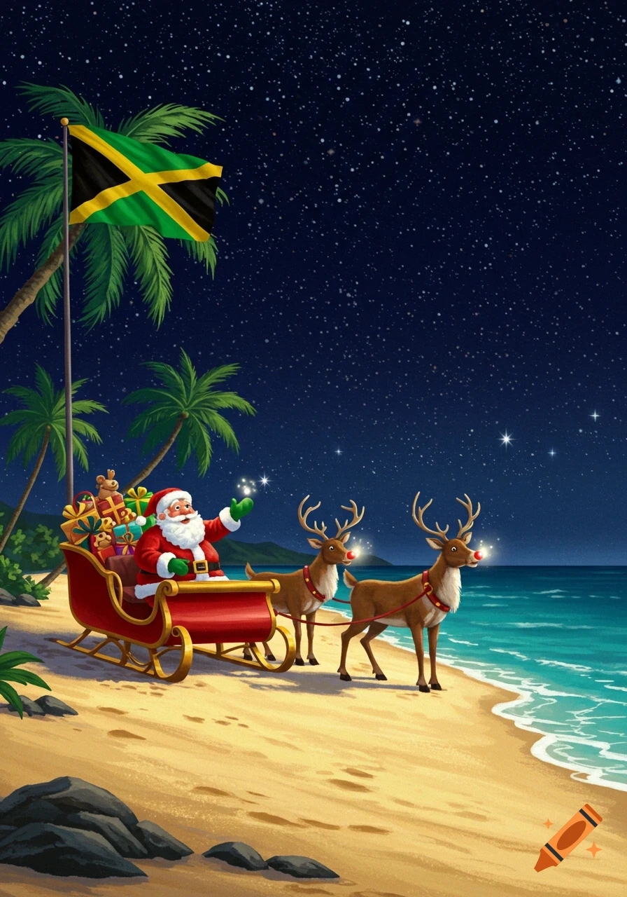 Santa Claus in his sleigh, pulled by two reindeer, lands on a tropical beach at night under a starry sky, with a Jamaican flag flying from a palm tree.