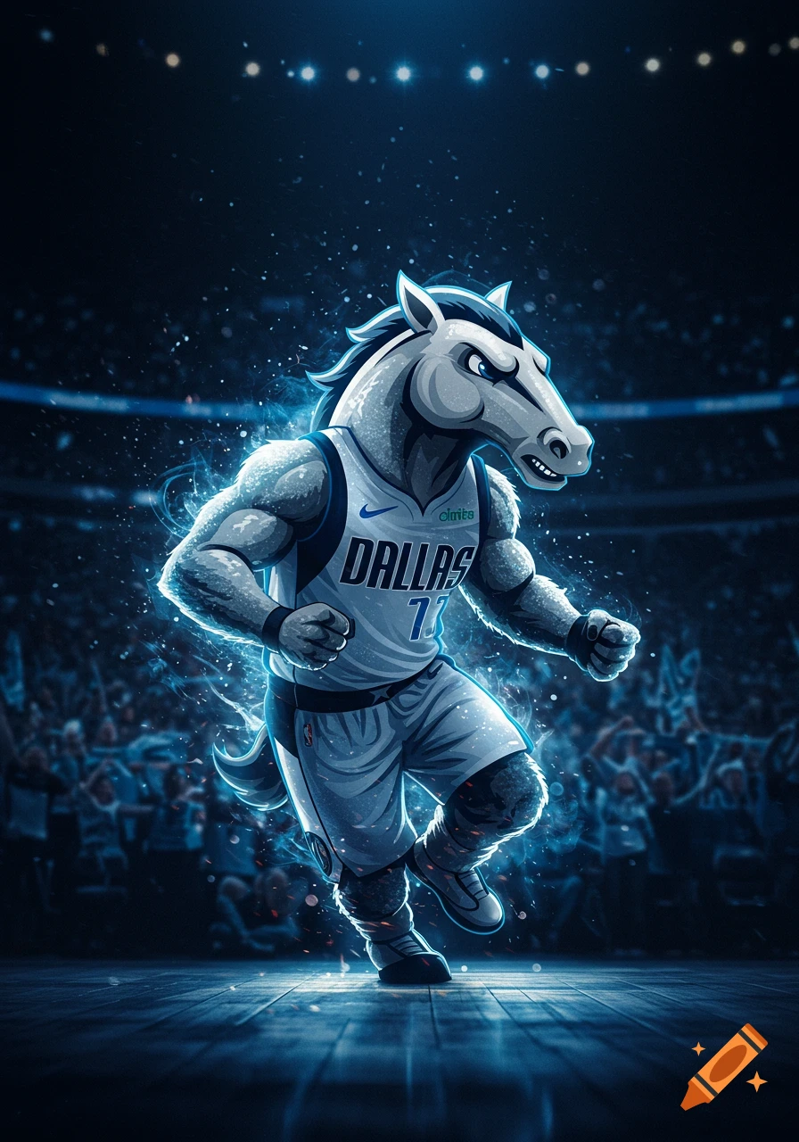 A dynamic illustration of a muscular horse mascot in a blue and white basketball jersey with "DALLAS" on it, running on a court in a dark, glowing stadium.