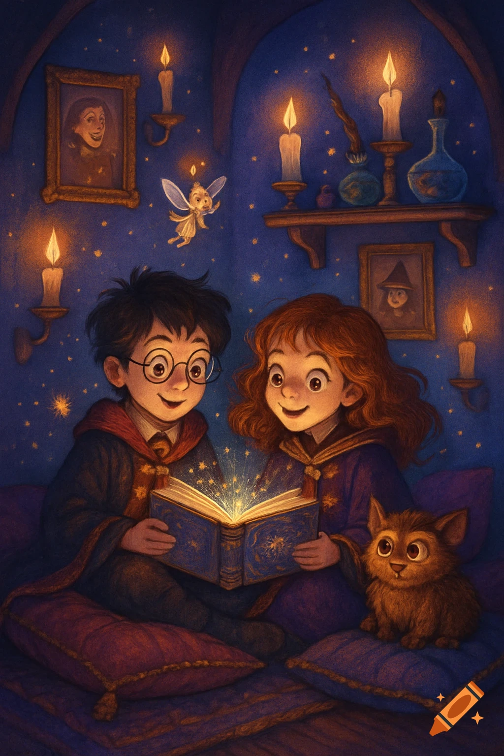 Cartoon children resembling Harry Potter and Hermione read a glowing magic book on pillows, with a small creature and fairy.