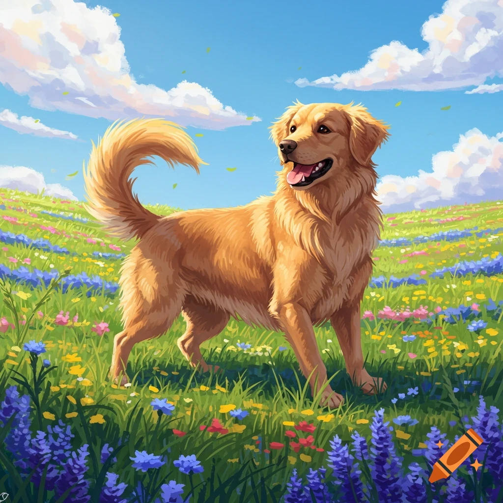 A happy golden retriever dog stands in a sunny, vibrant meadow filled with colorful wildflowers under a blue sky with white clouds. Illustration.