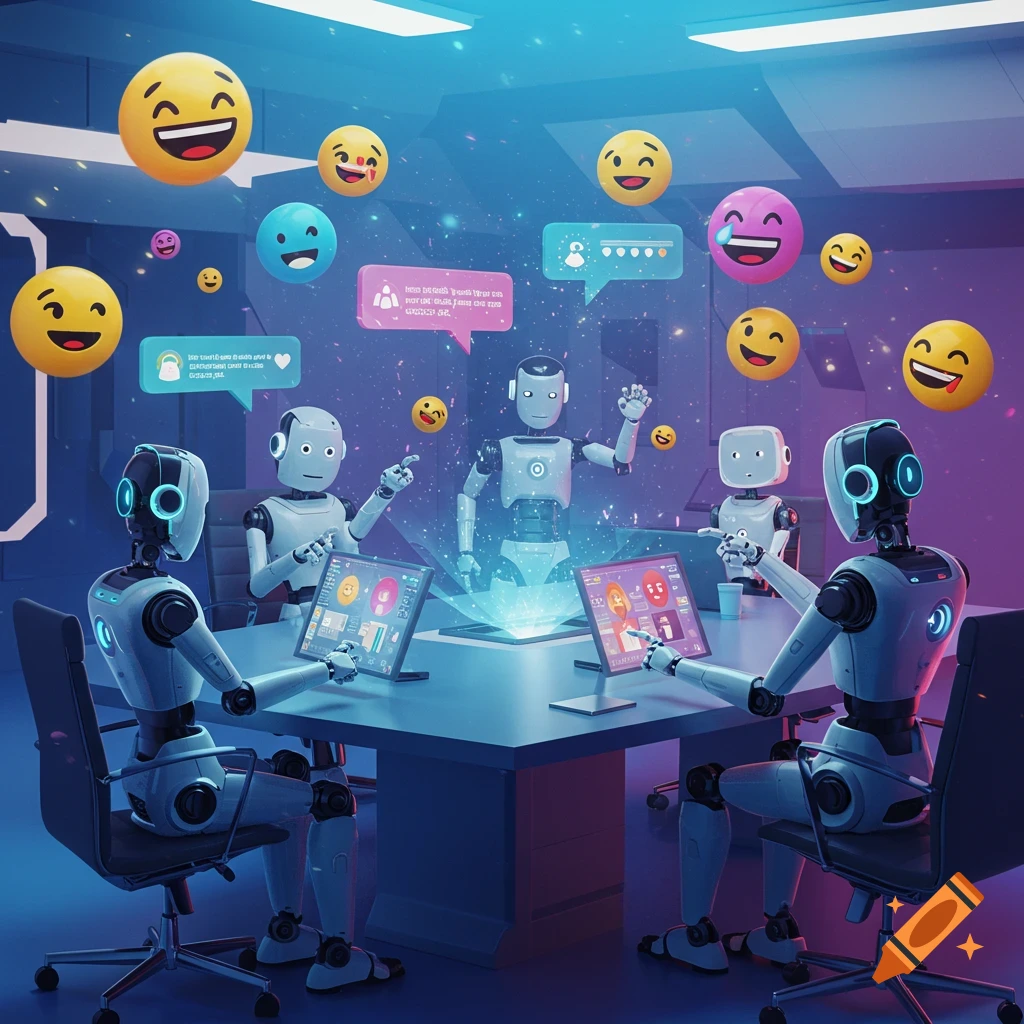 Robots in a futuristic meeting room, debating while colorful emojis float around them and text bubbles appear.