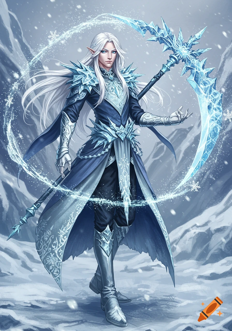 Anime-style ice mage with white hair, blue eyes, ice armor, and an ice scythe in a snowy landscape.
