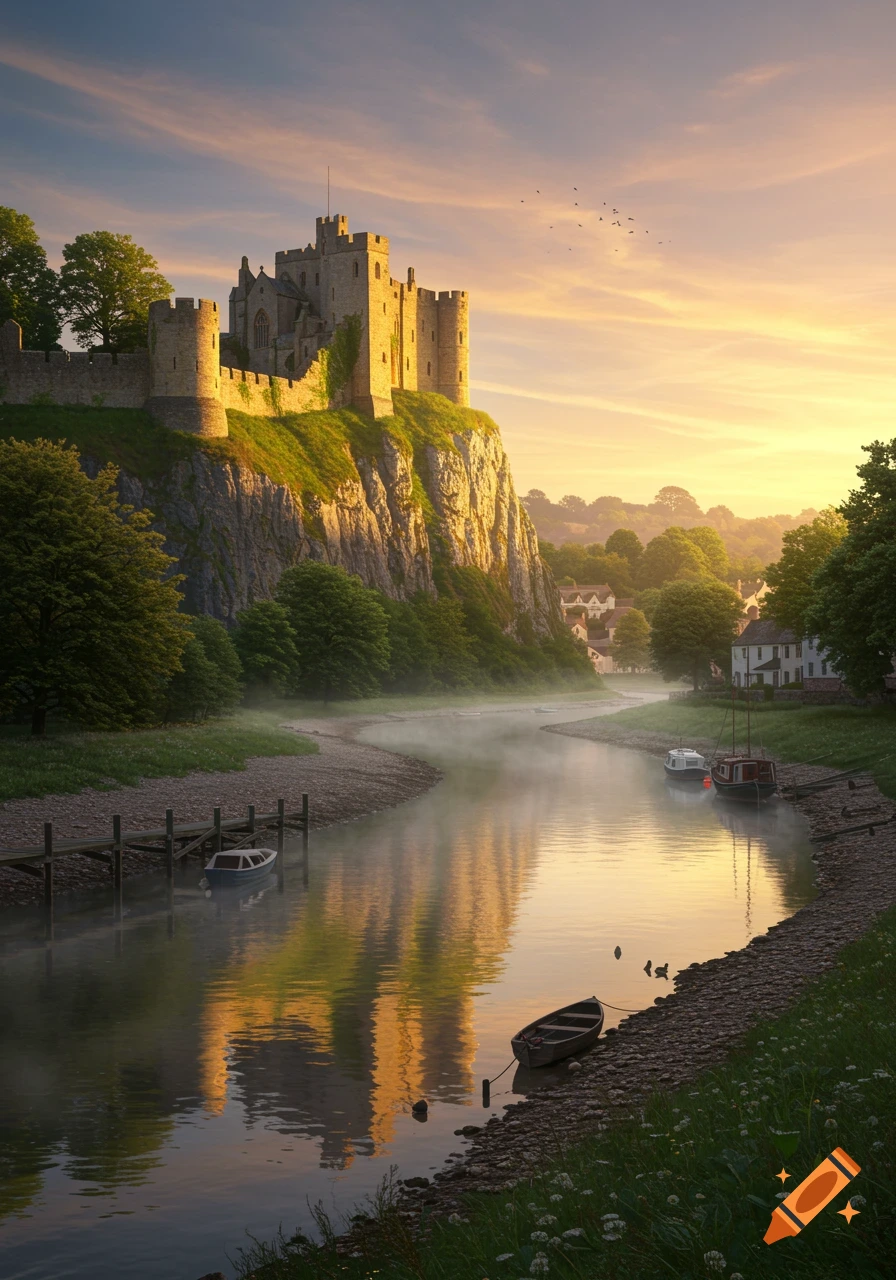 A majestic castle stands on a cliff overlooking a winding river with boats, illuminated by golden light at sunrise.