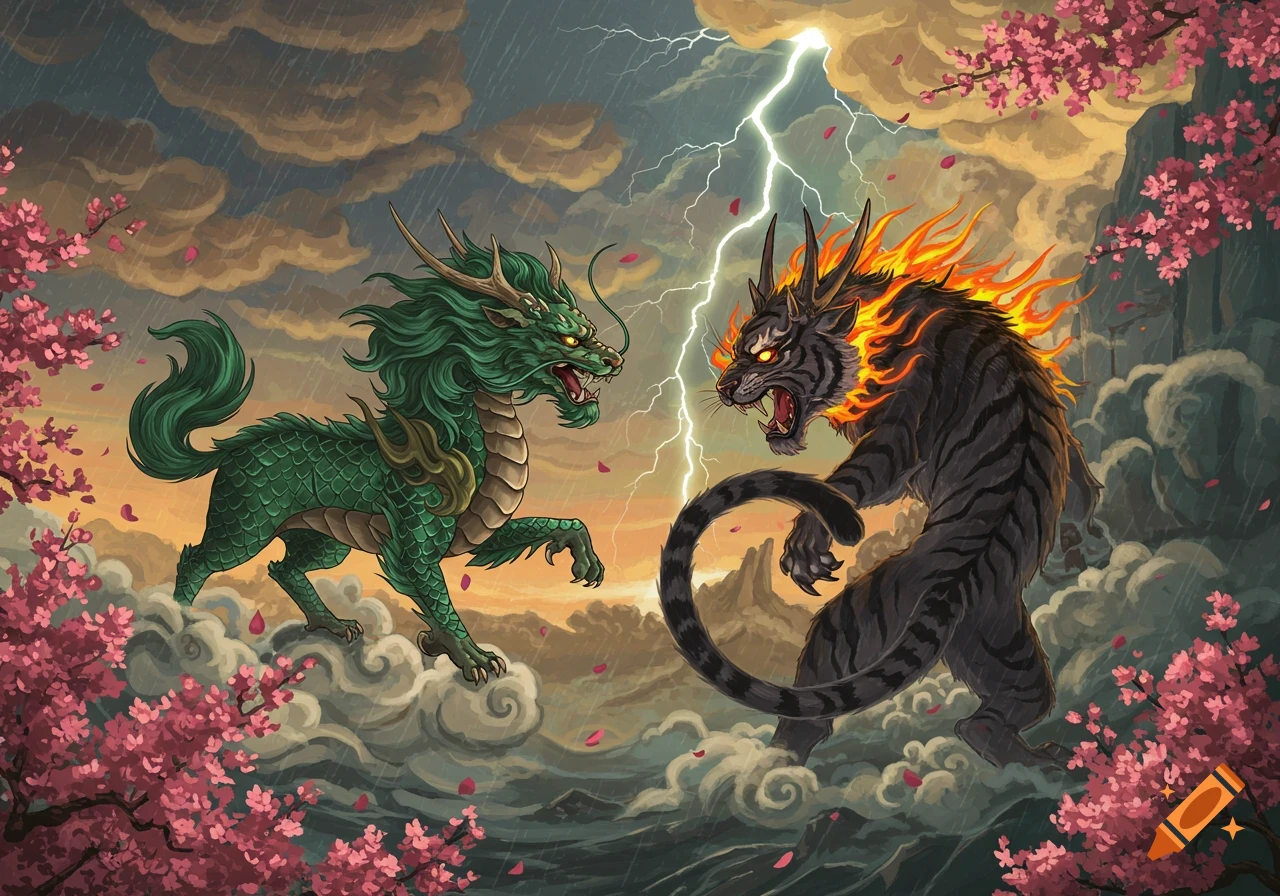 A green Kirin and a black flaming Nue fighting amidst lightning and cherry blossoms in a traditional Japanese art style.
