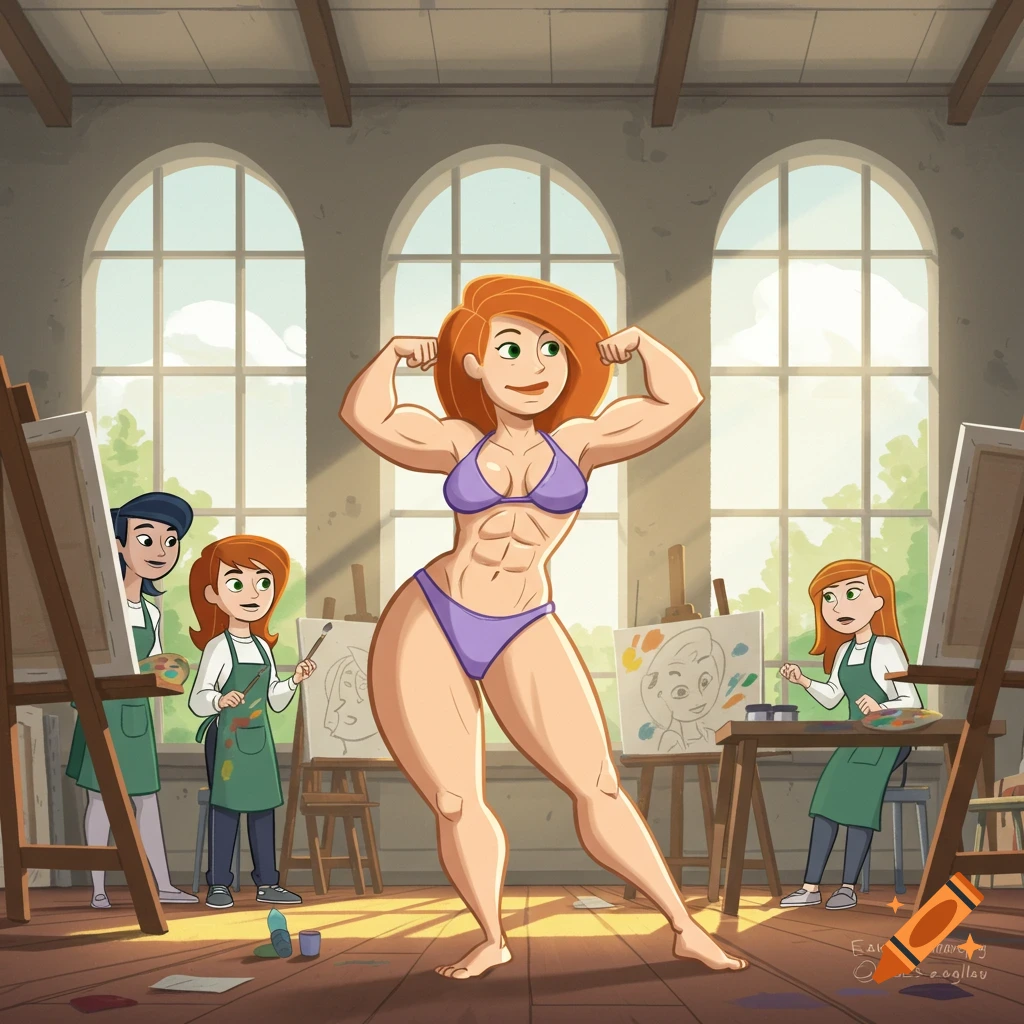 A muscular cartoon woman in a purple bikini flexes her muscles for students painting at easels in an art class.