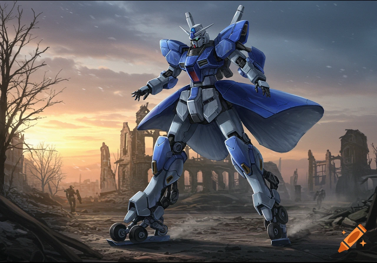 A blue and white Gundam-like robot with skirt armor and wheels on its feet stands in a ruined city at sunset.