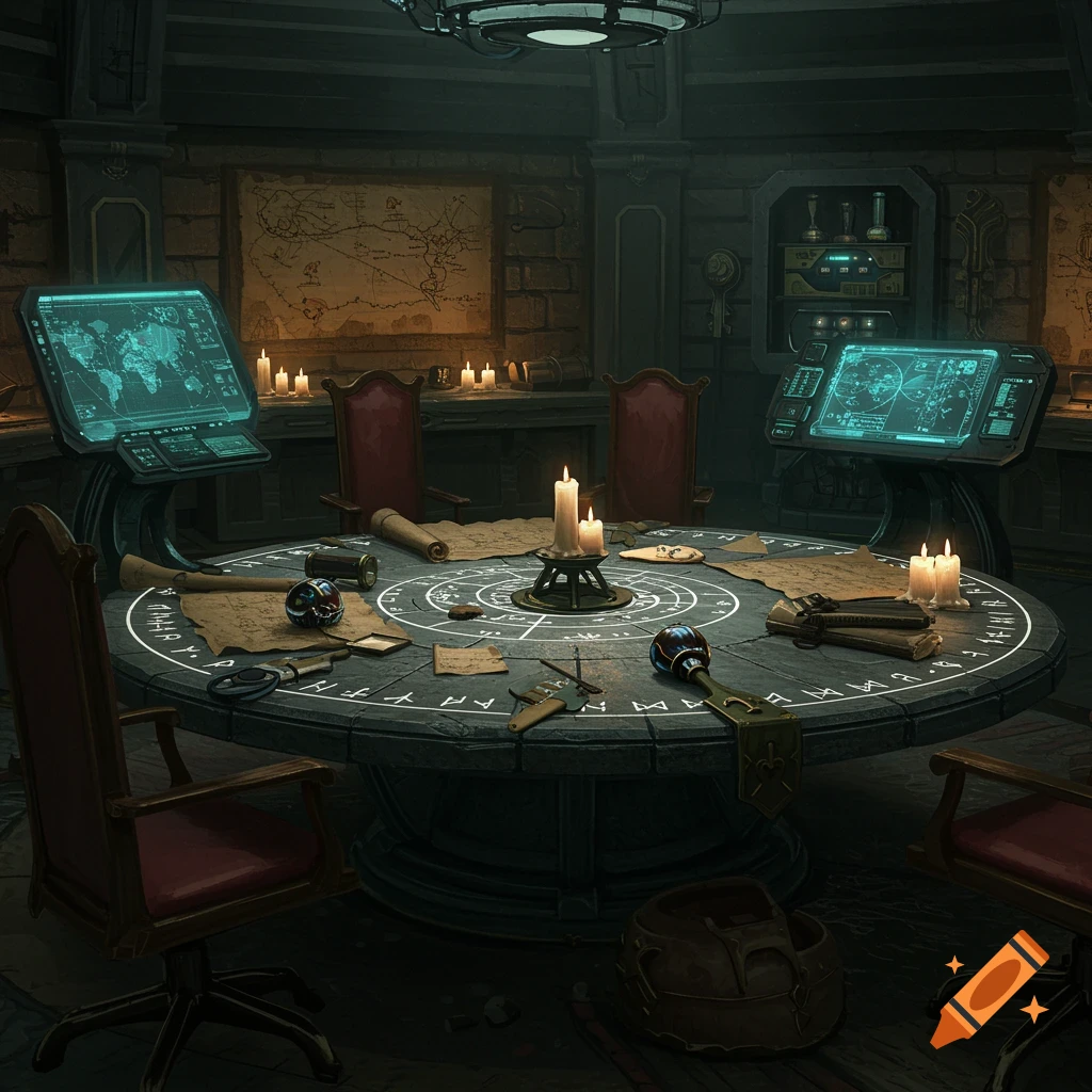 A fantasy realism image of a dark war room with a round stone table, ancient maps, glowing runes, candles, and modern tech screens.