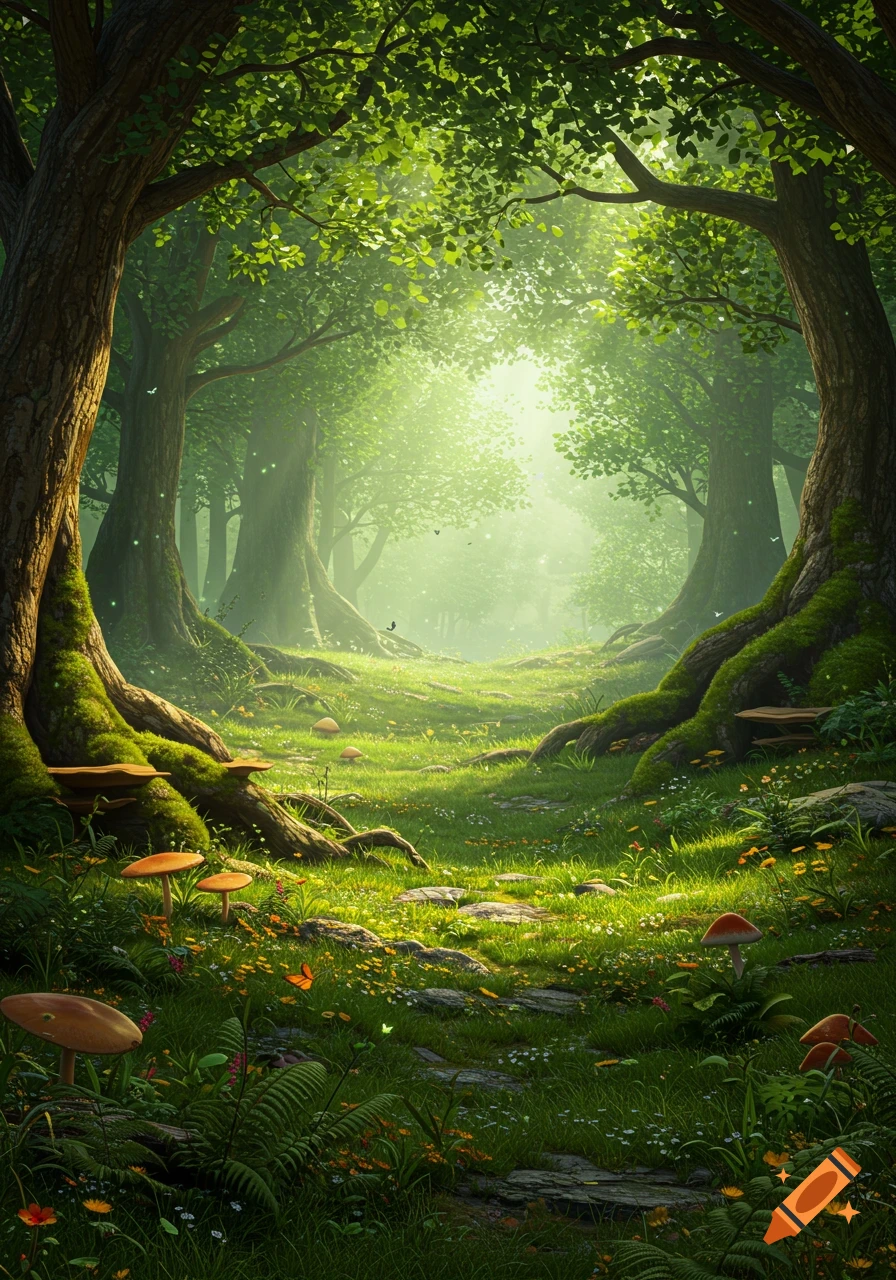 A lush, vibrant forest valley with a path, glowing sunlight, and mushrooms, in a fantasy art style.
