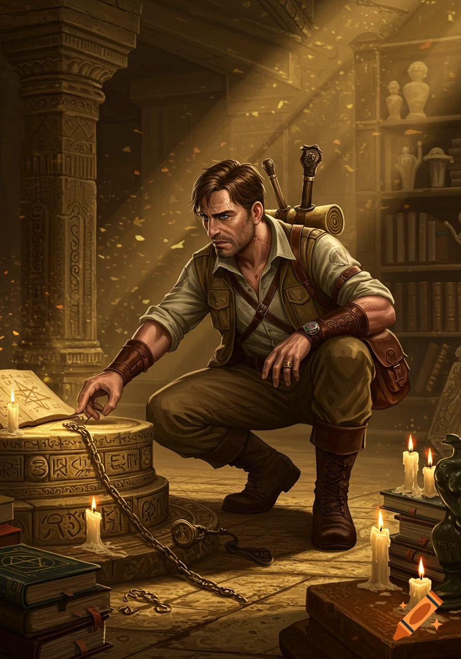 A male archaeologist in an ancient chamber, illuminated by light, examining a mysterious altar with an open book and candles.