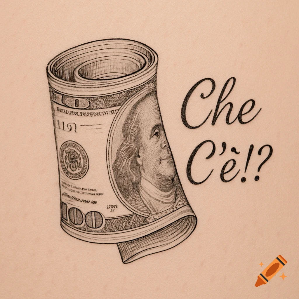 A minimal tattoo style illustration of a rolled 100-dollar bill next to the phrase "Che C'\u00e8!?"