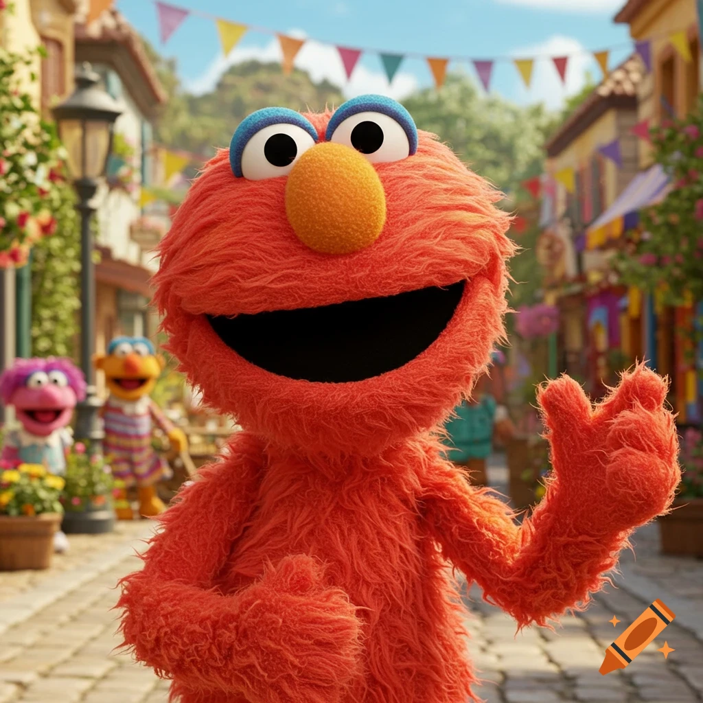 Photorealistic close-up of Elmo smiling and waving, with other fuzzy characters and colorful buildings in the background.