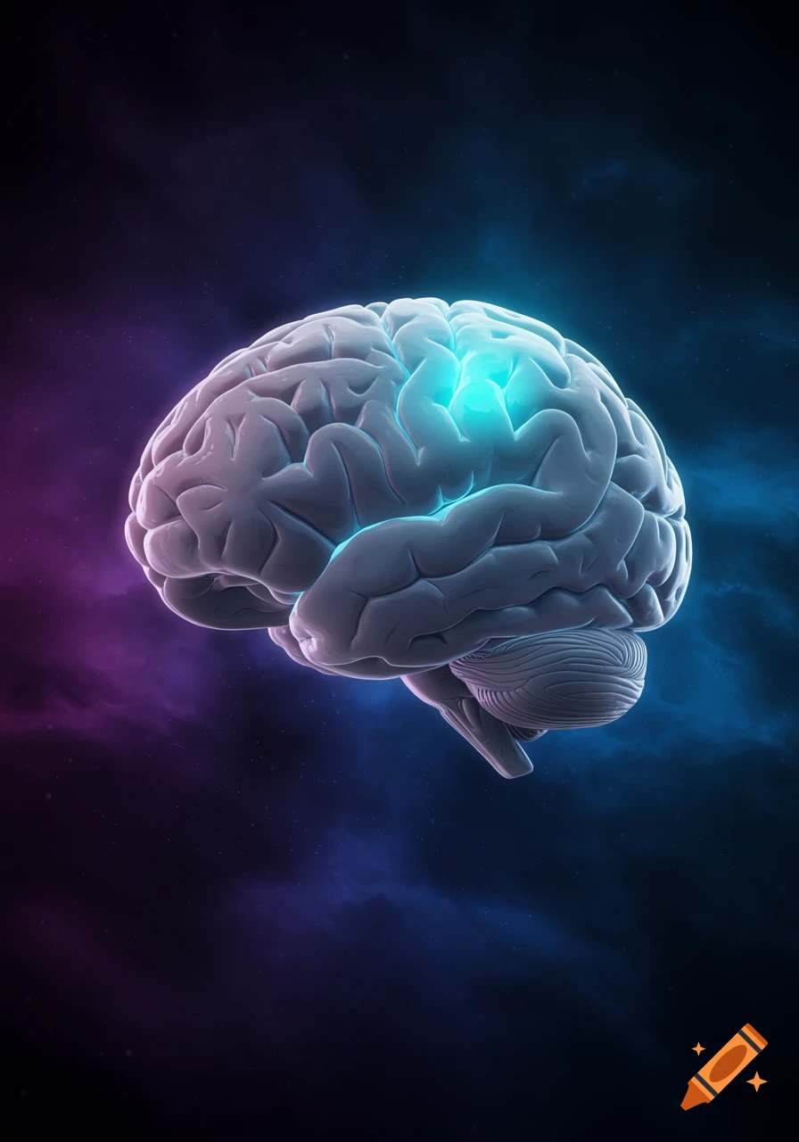 A stylized human brain with a glowing teal prefrontal cortex against a dark, cosmic background with purple and blue nebulae.