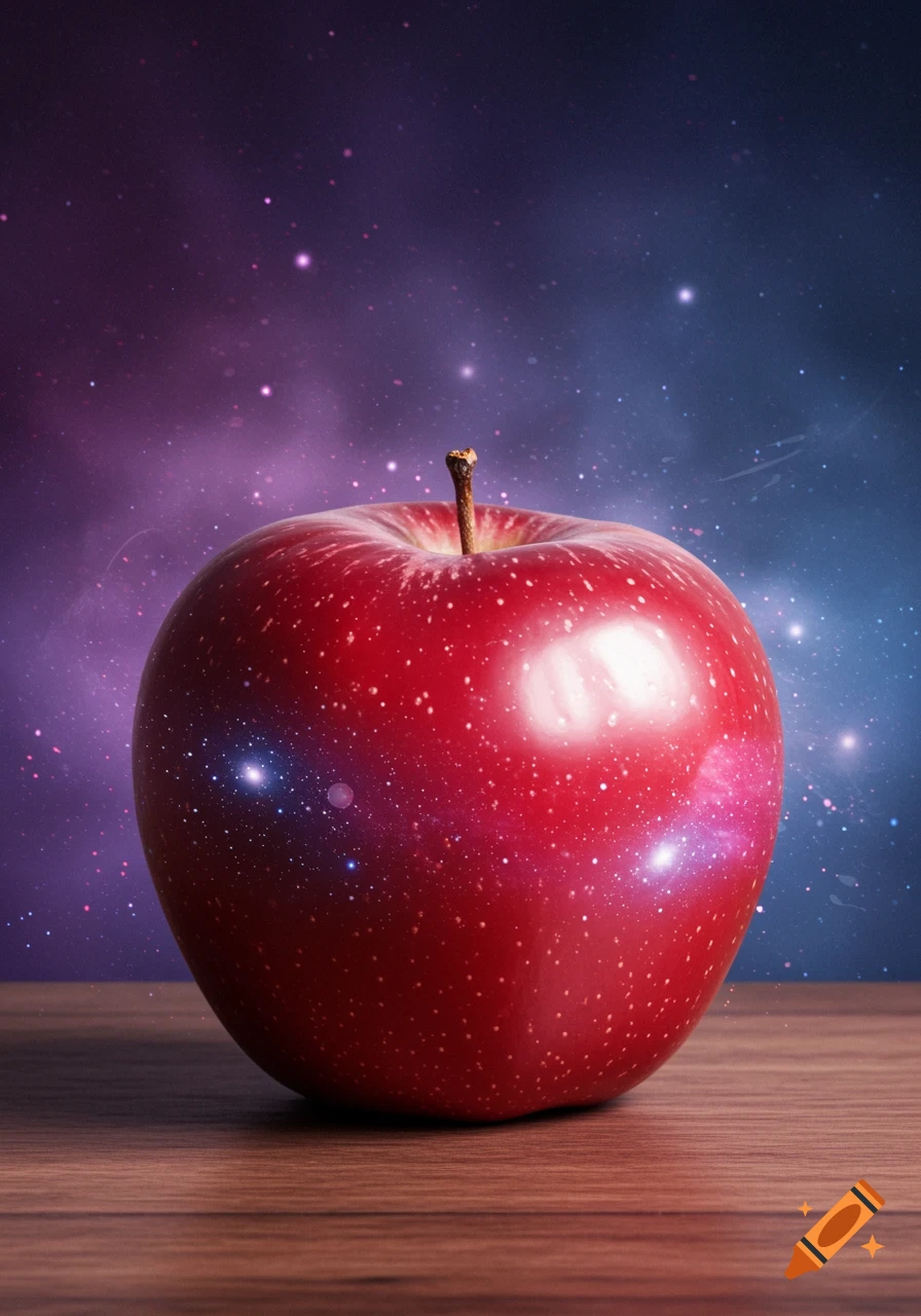 A vibrant red apple with a starry galaxy pattern reflecting on its skin, sits on a wooden table against a cosmic background.