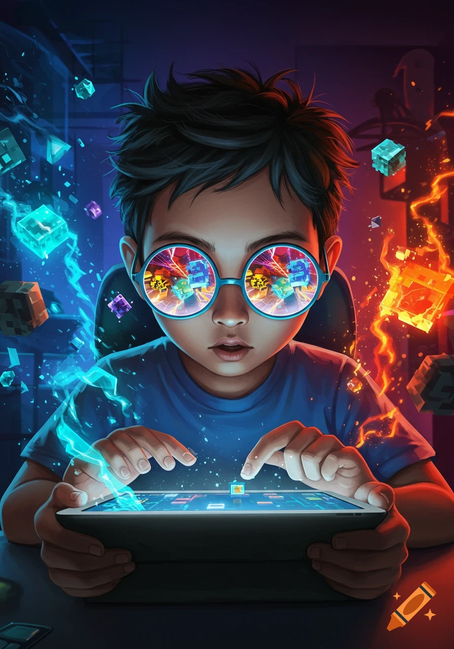 An illustrated Asian boy with glasses playing a vibrant digital game on a tablet, with glowing cubes and energy surrounding him.
