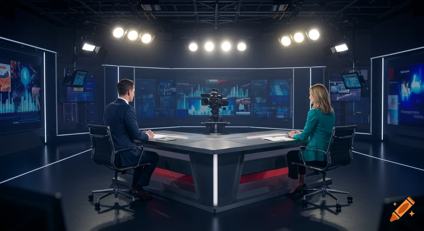 A wide shot of a news studio with two anchors, one male and one female, sitting at a desk with a camera and prompter in front of them. Screens with charts and data are in the background, and studio lights are visible at the top.