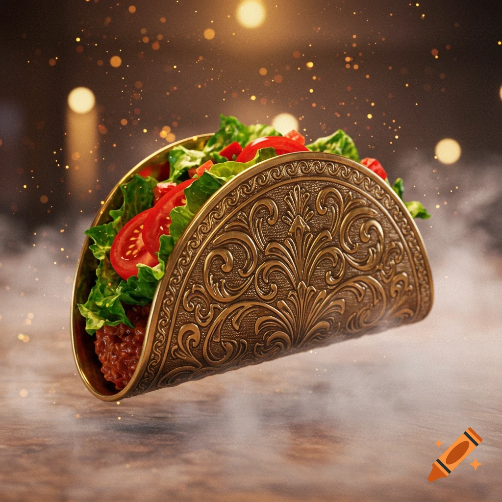Photorealistic ornate brass taco filled with lettuce, tomatoes, and meat, floating with golden sparkles and mist.